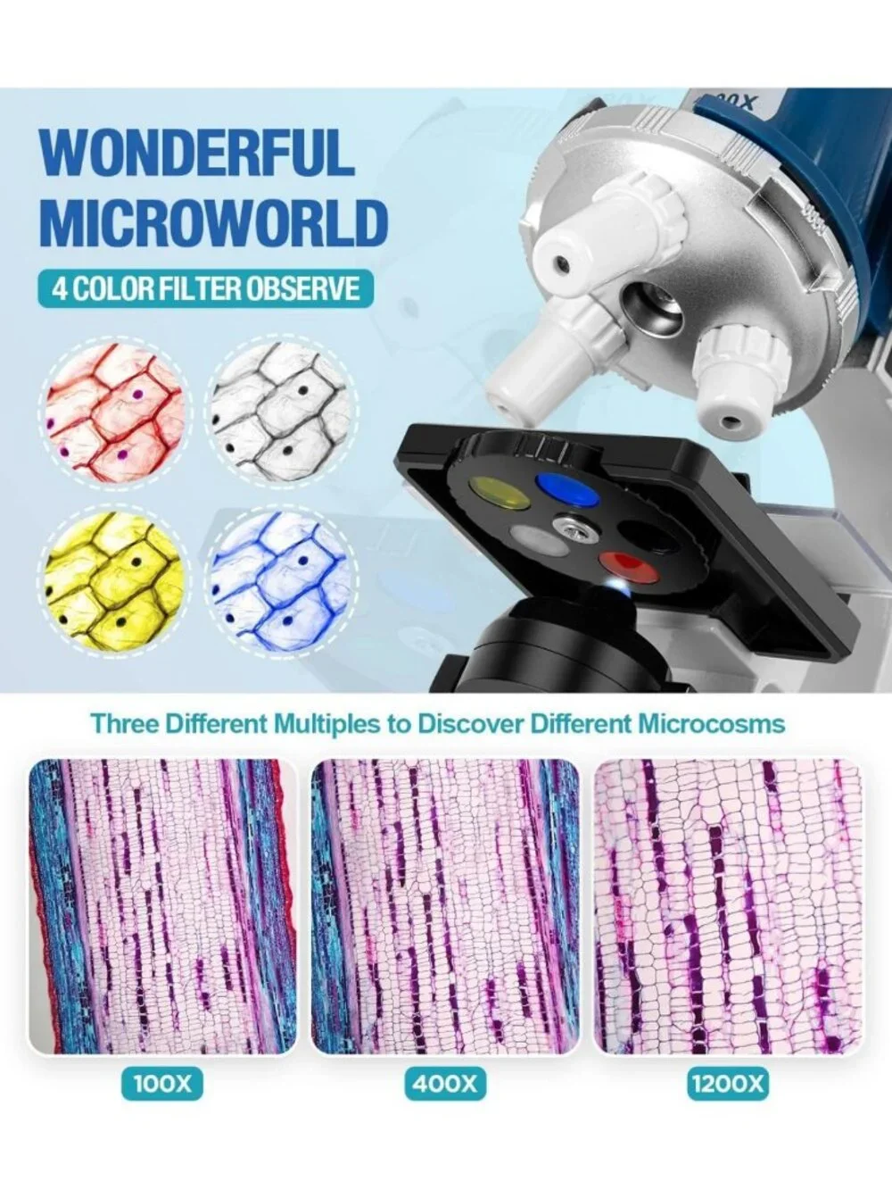 58-Piece Kids Microscope Kit with LED Light, 100X-1200X Magnification, STEM Gift